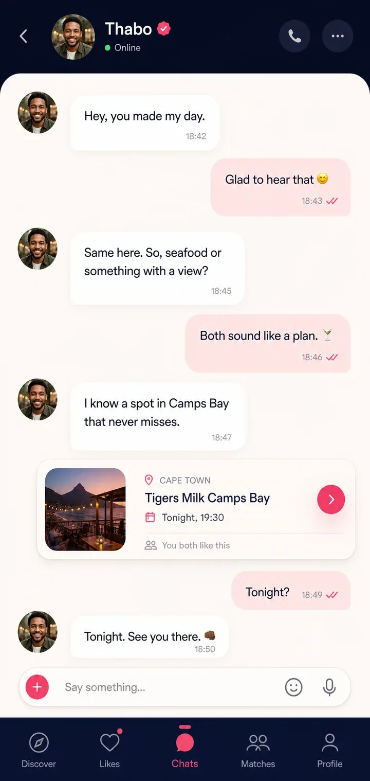 Private mobile chat interface with a fictional match and a Cape Town date suggestion
