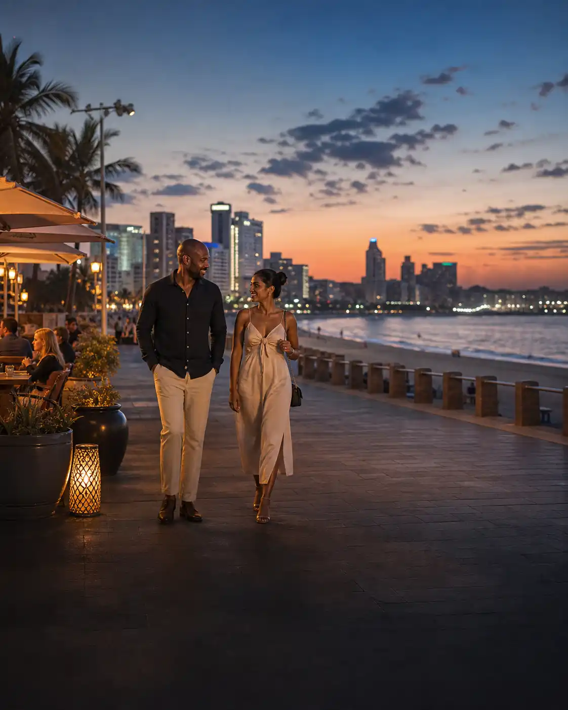 Durban beachfront promenade and skyline at sunset