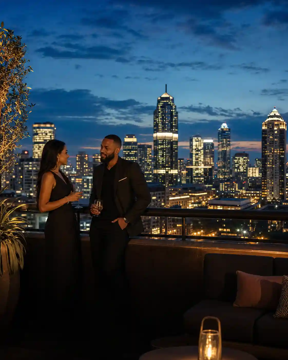 Johannesburg Sandton skyline and rooftop lounge at blue hour