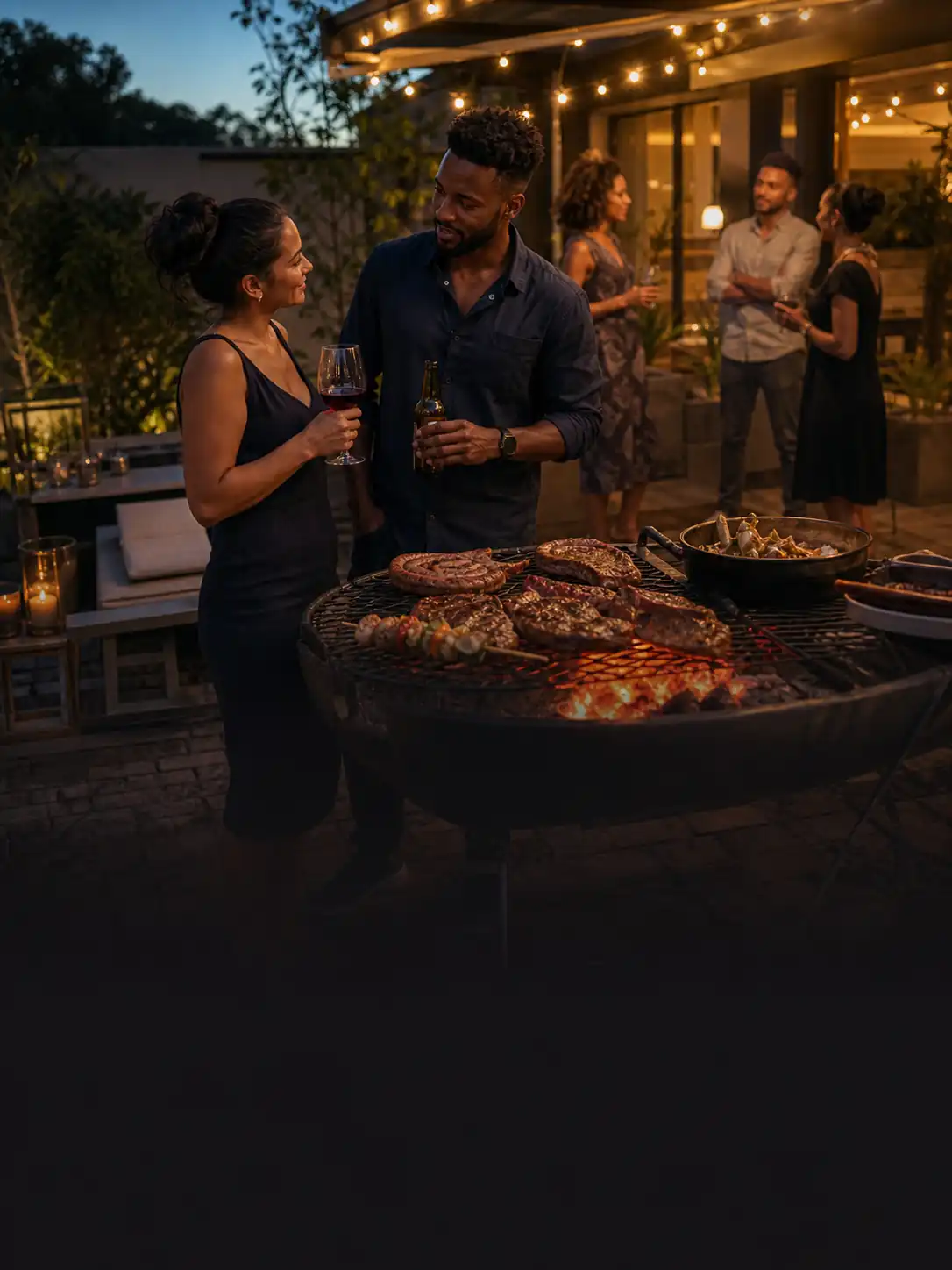 Adults enjoying a relaxed South African braai at dusk