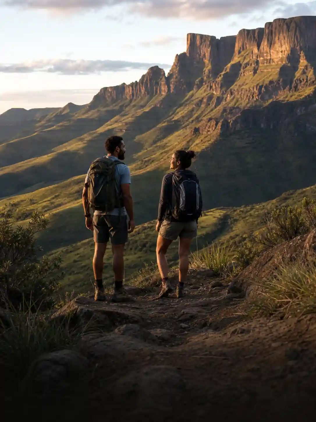 Two people hiking in the Drakensberg mountains