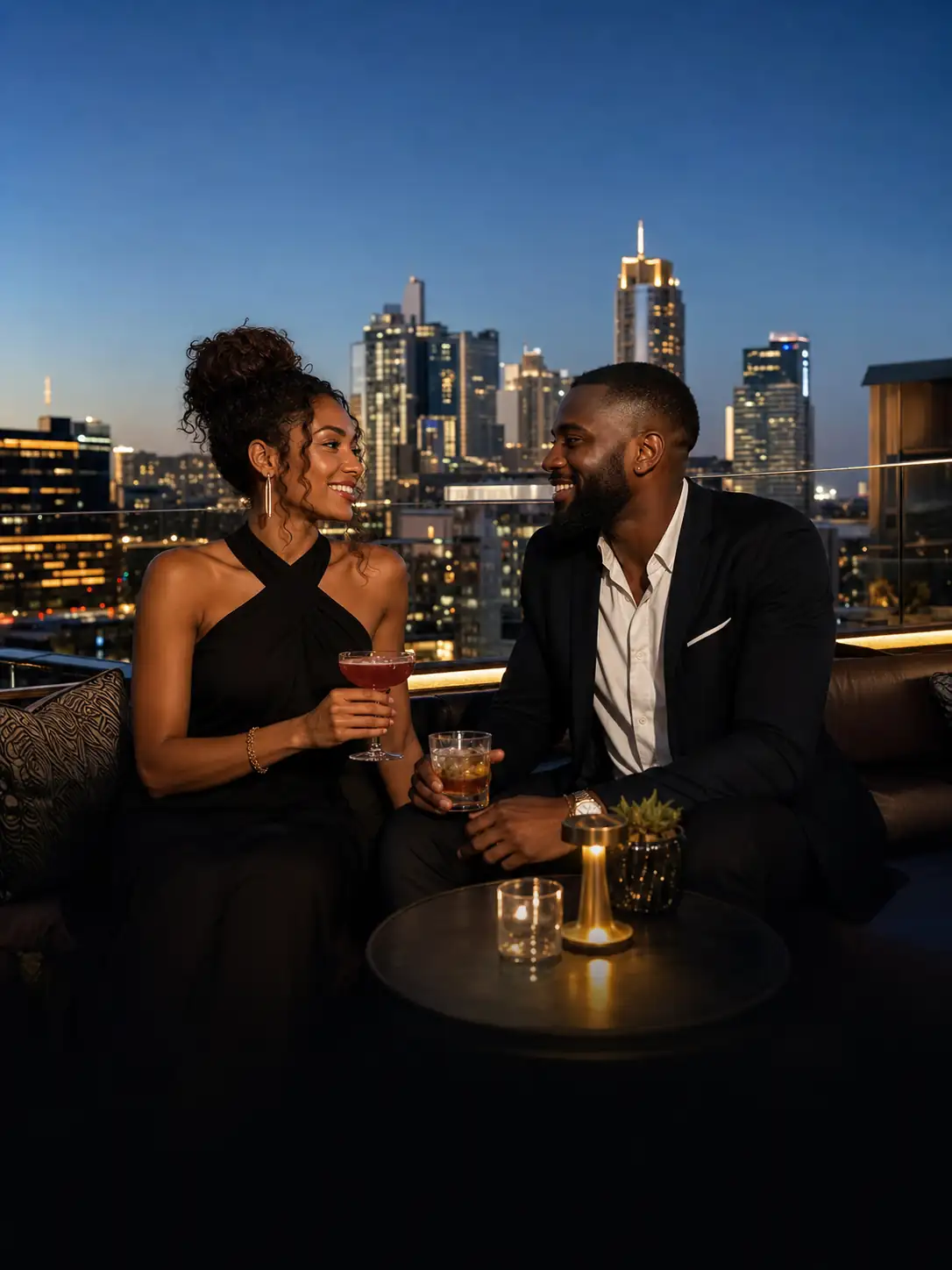 Couple enjoying drinks at a Johannesburg rooftop bar