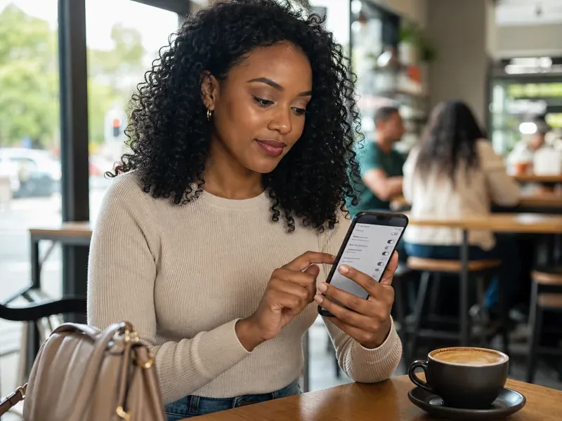 Fictional adult reviewing phone privacy settings in a public café
