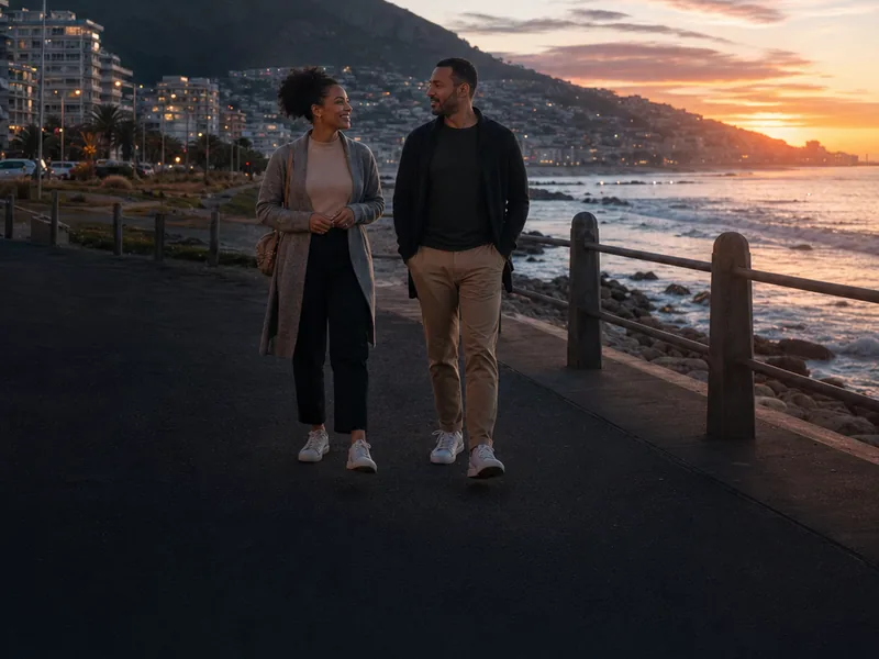 Fictional adult couple enjoying a simple, low-pressure beach walk