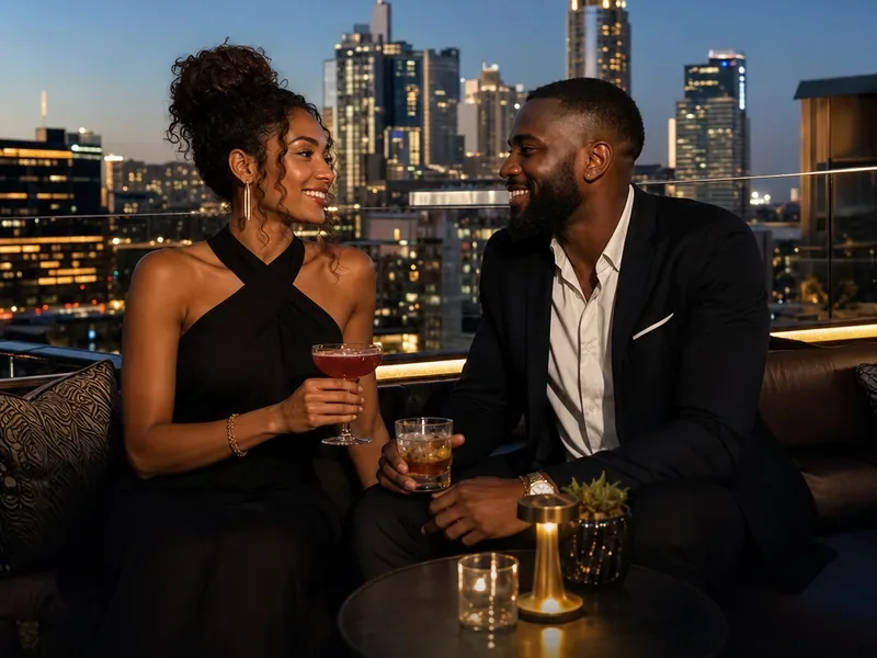 Fictional adult couple enjoying rooftop drinks with Johannesburg city views