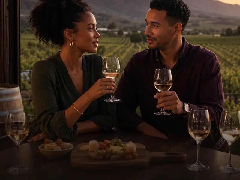 Fictional adults enjoying a moderate wine tasting in a public vineyard setting