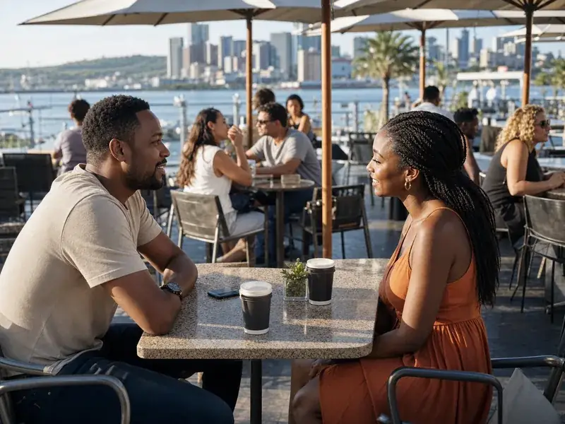Two fictional adults meeting at a busy Durban waterfront caf茅