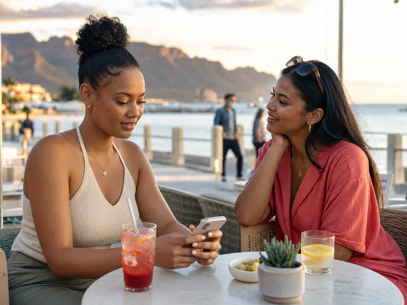 Two fictional friends reviewing phone safety settings at a Cape Town coastal caf茅