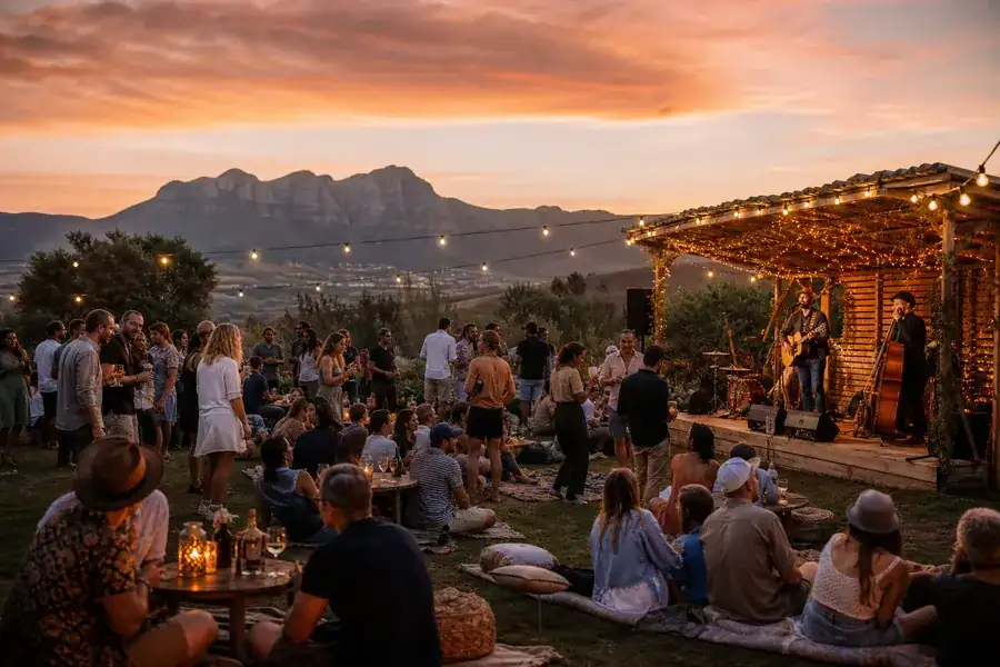 South African outdoor music event at sunset