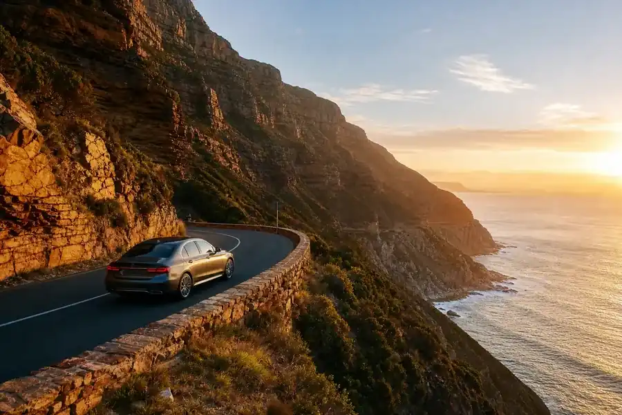 Scenic South African coastal drive at golden hour